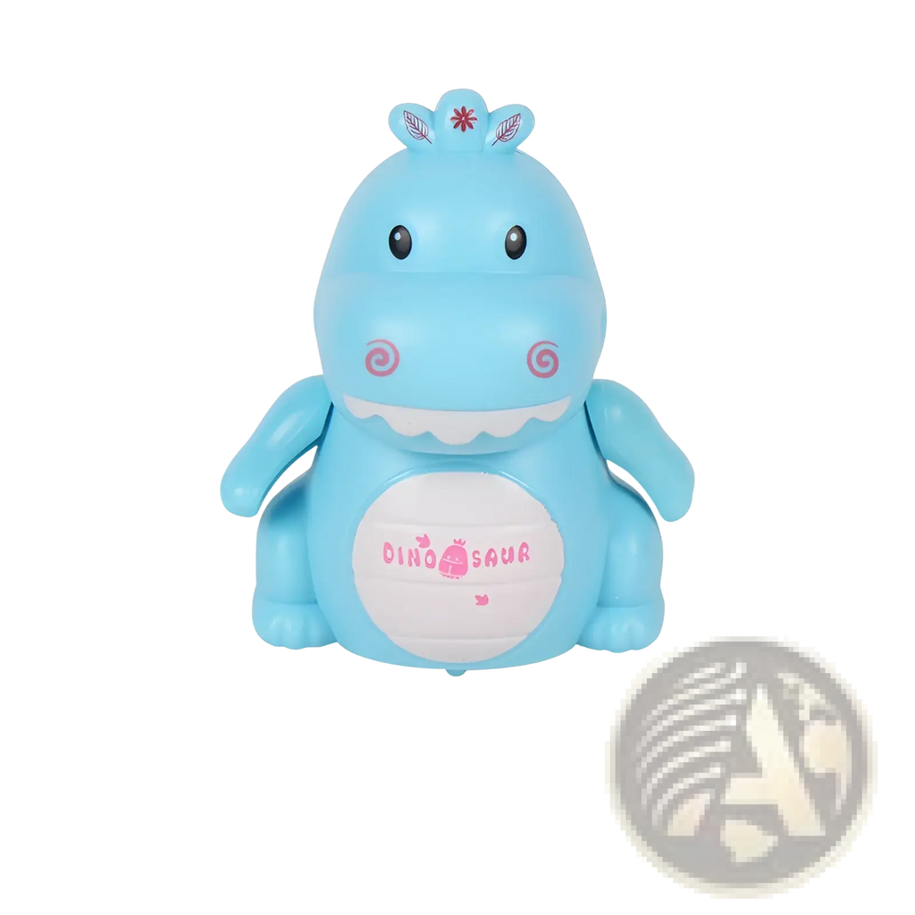 Light blue plastic dinosaur toy with pink accents and white belly patch labeled dinosaur in inductive magic pen toy truck set