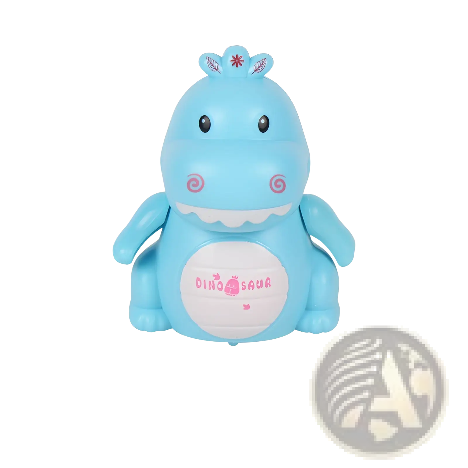 Light blue plastic dinosaur toy with pink accents and white belly patch labeled dinosaur in inductive magic pen toy truck set