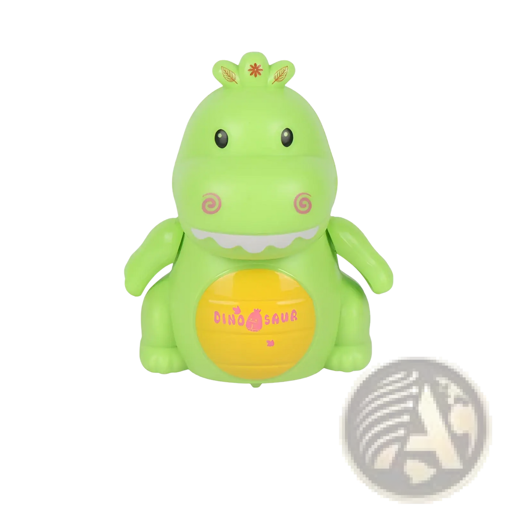 A lime green plastic dinosaur bath toy with a yellow dinosaur label featured in the inductive magic pen toy truck following car product