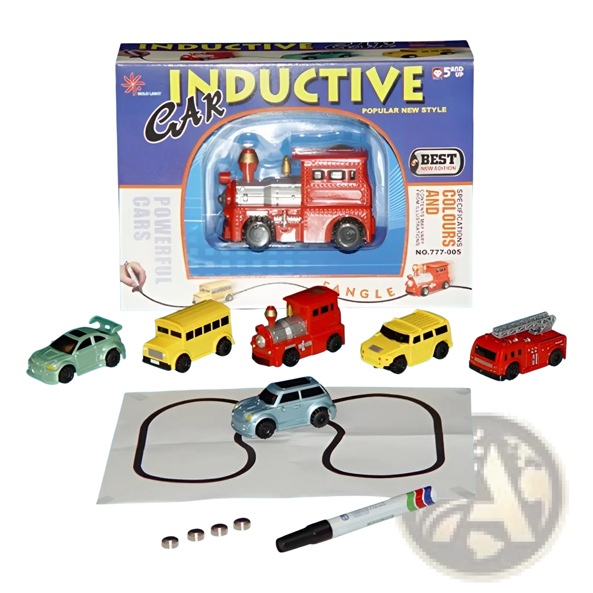 Red and silver toy fire truck made of plastic inside a clear display box with colorful miniature vehicles for inductive magic pen play