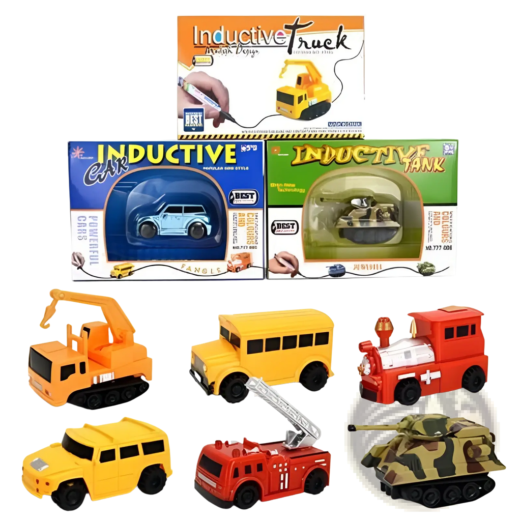 A red inductive magic pen toy truck with white ladder and black wheels designed as a following car
