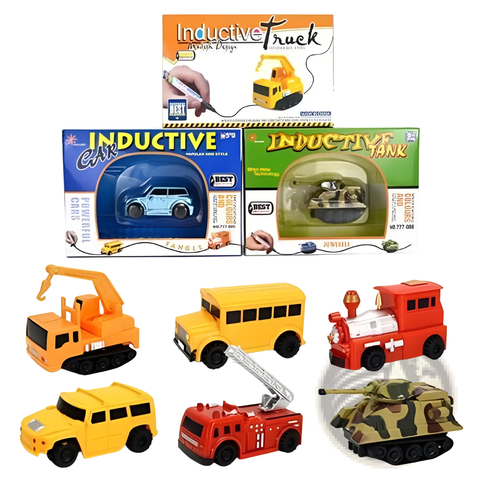A red inductive magic pen toy truck with white ladder and black wheels designed as a following car