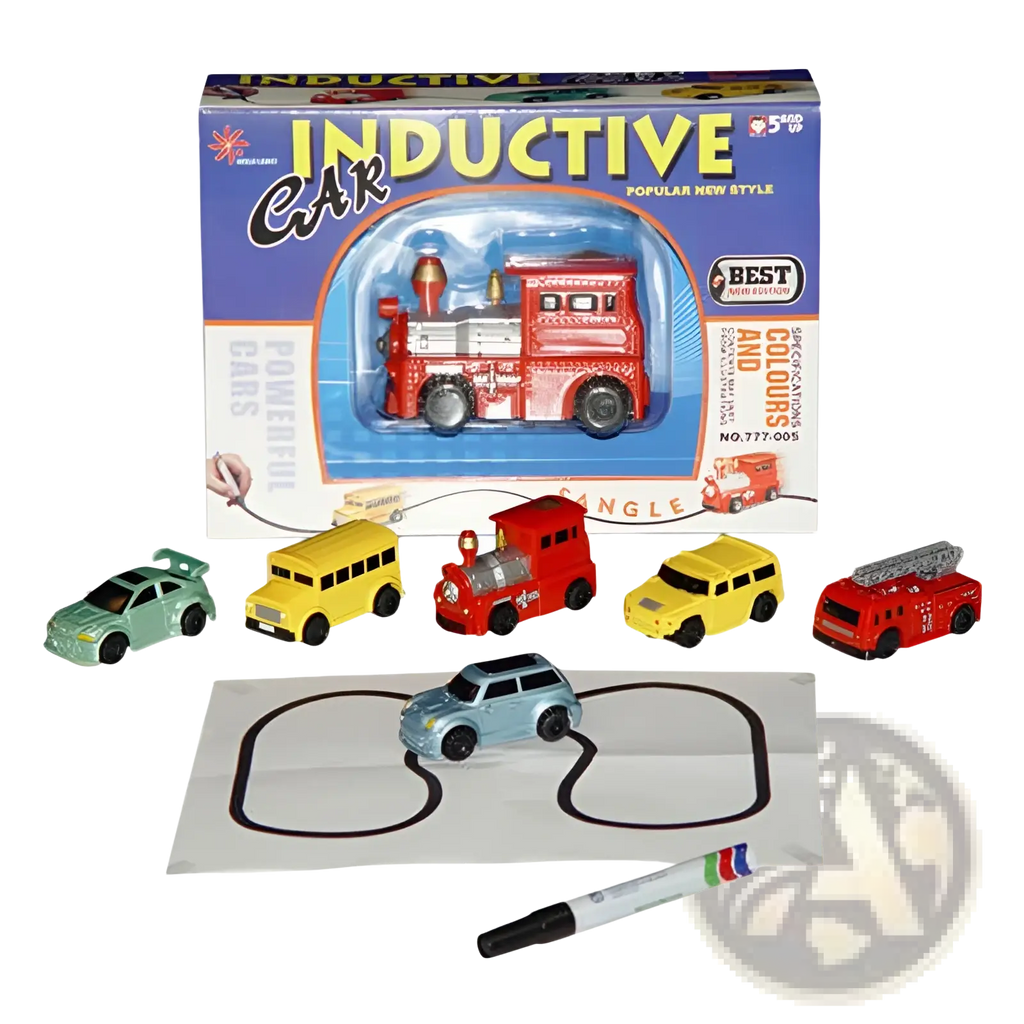 Red and silver inductive magic pen toy fire engine with black wheels in blue packaging labeled inductive car