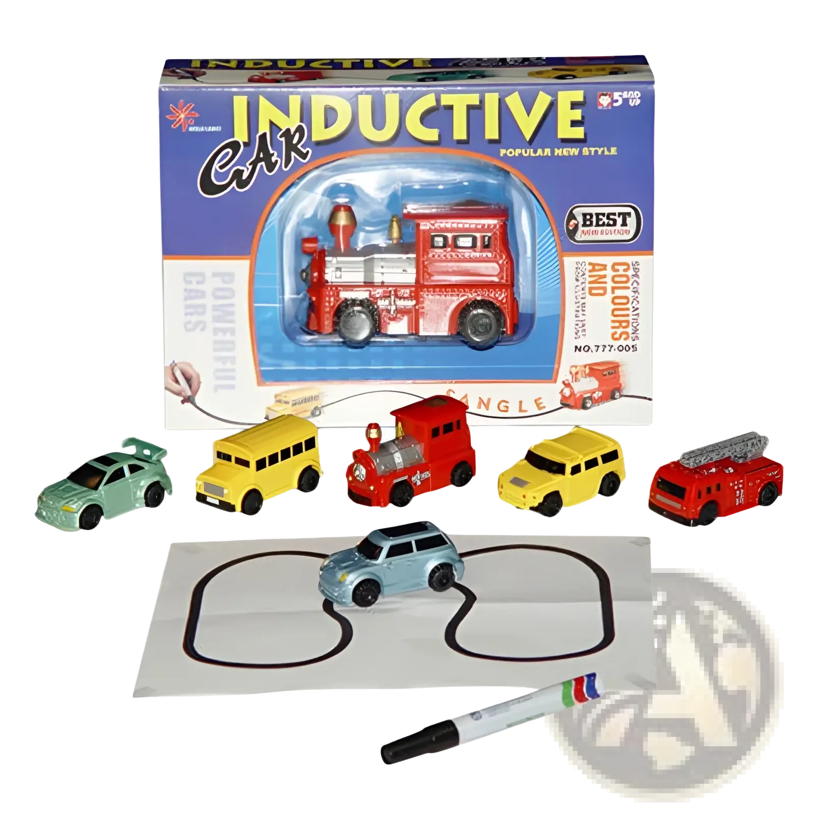 Red and silver inductive magic pen toy fire engine with black wheels in blue packaging labeled inductive car