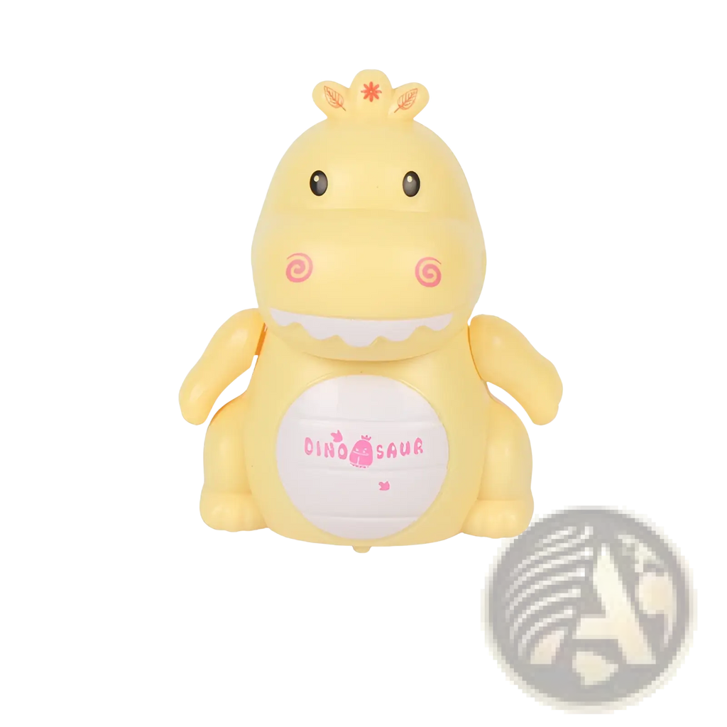 Yellow plastic dinosaur-shaped inductive magic pen toy truck with pink spiral cheeks and white belly patch reading dinosaur