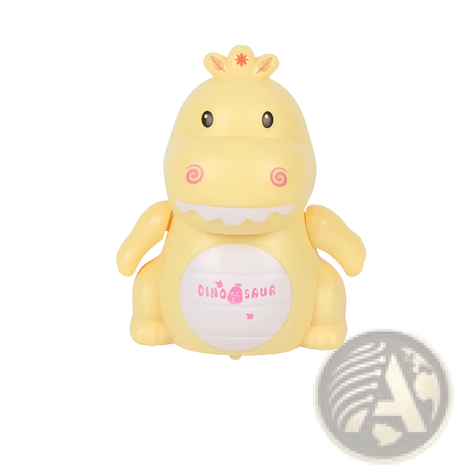 Yellow plastic dinosaur-shaped inductive magic pen toy truck with pink spiral cheeks and white belly patch reading dinosaur