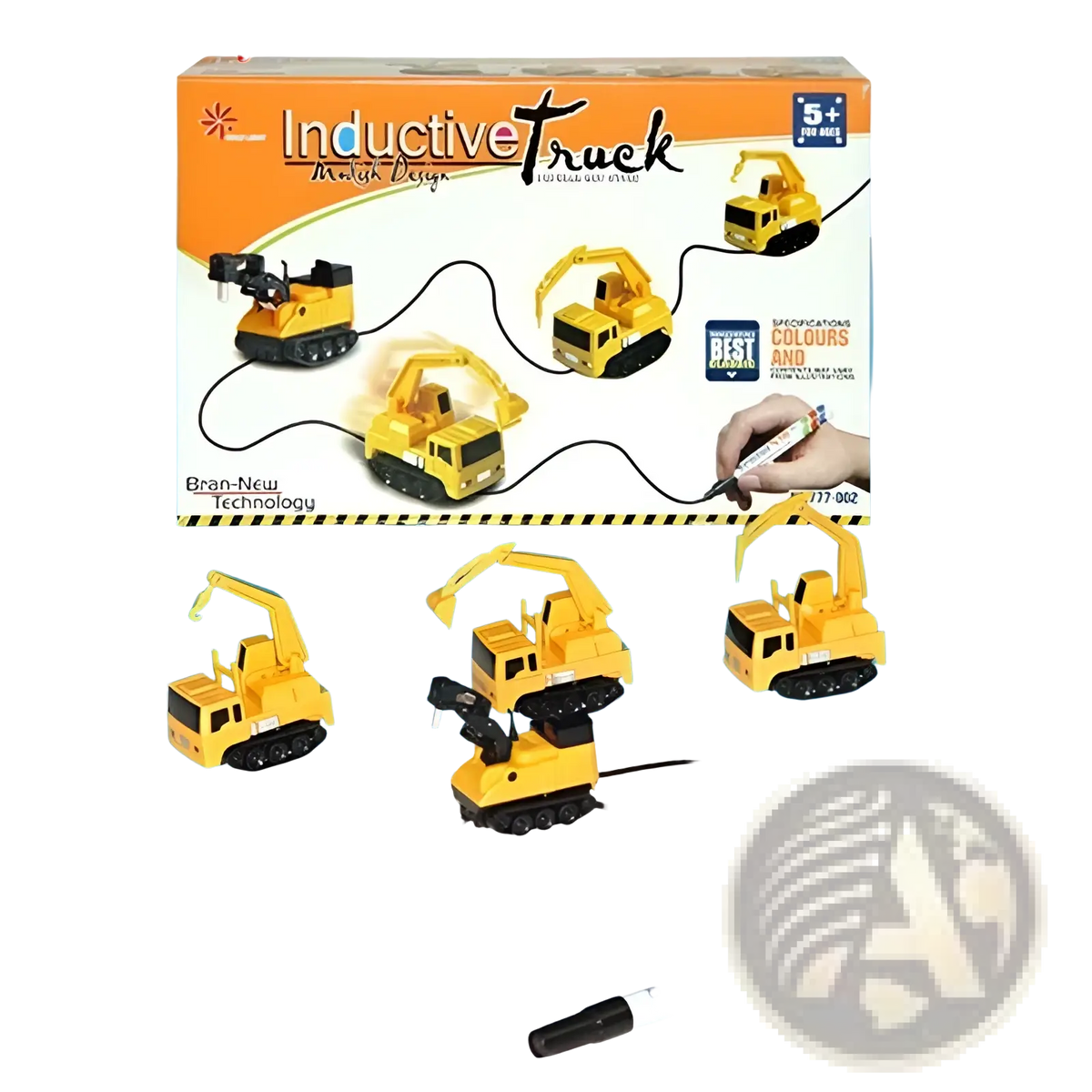Yellow inductive truck matching game set with magnetic construction vehicle toys and a marker from inductive magic pen toy truck following car