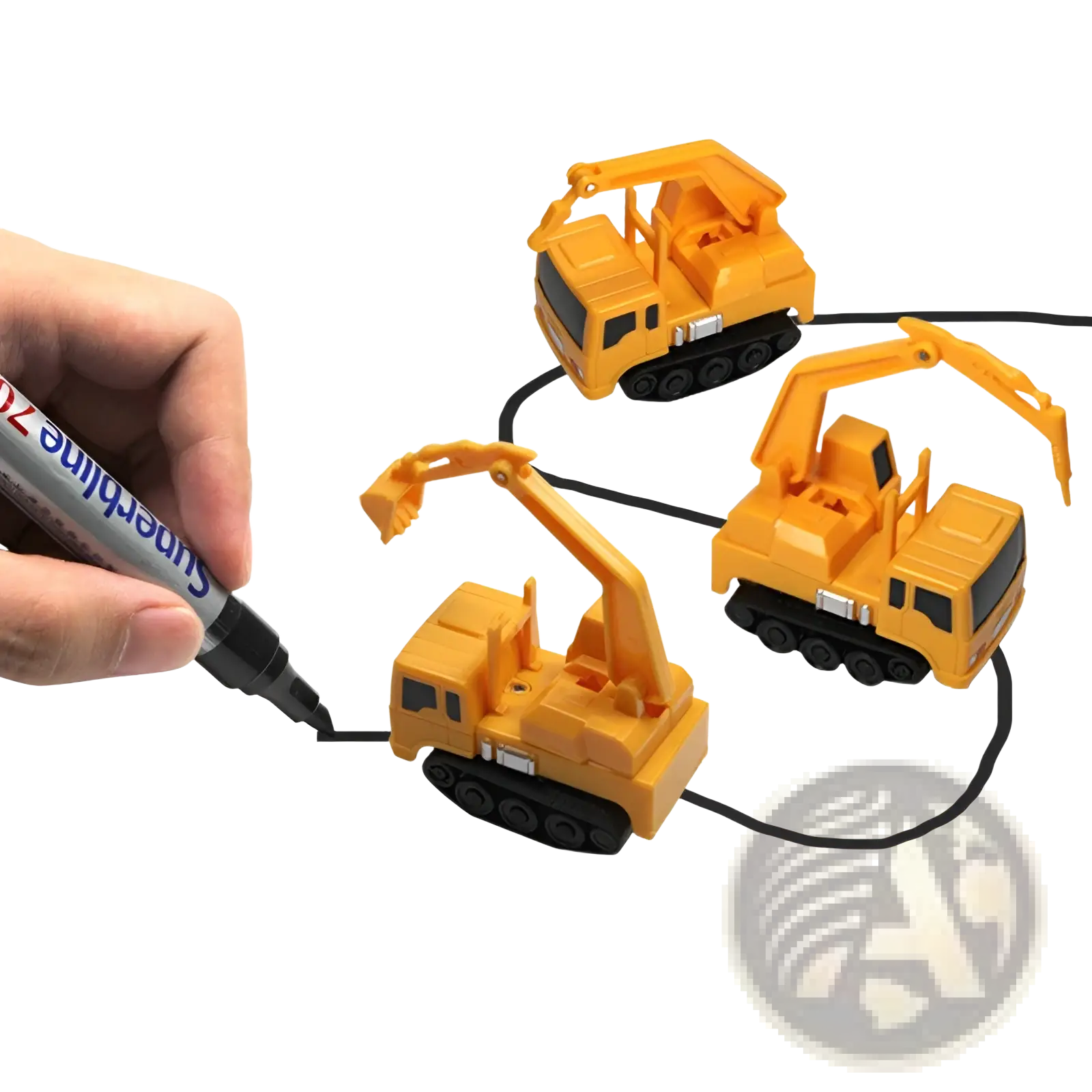Yellow plastic inductive magic pen toy truck with black tracks and articulated arms connected by a black cord