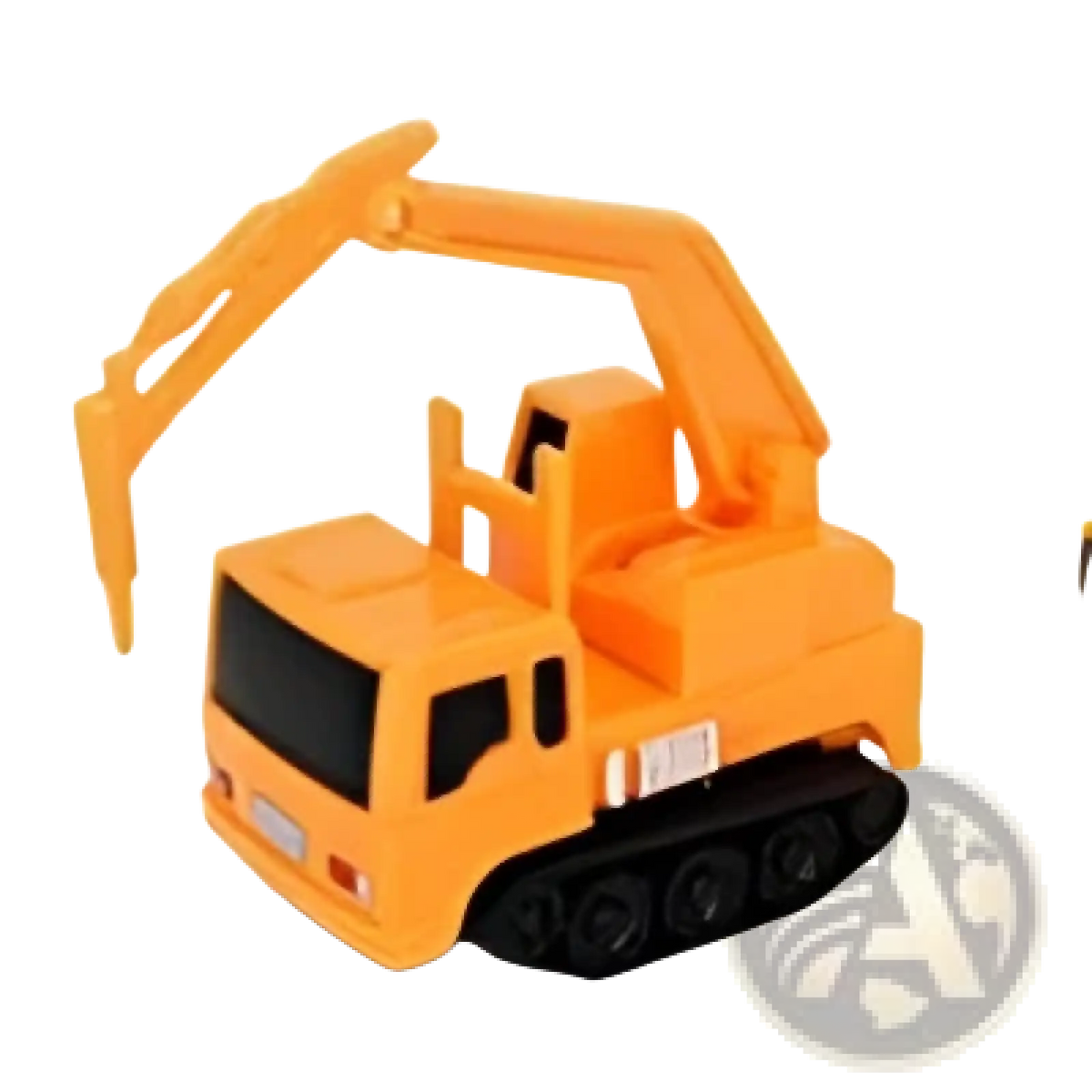 Orange plastic toy excavator with yellow arm and black tracks featured in inductive magic pen toy truck following car