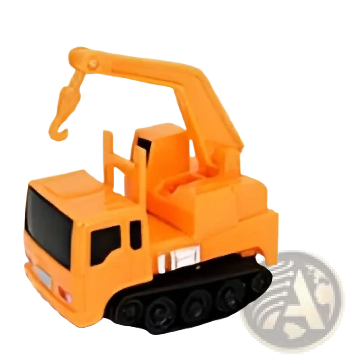 Orange plastic inductive magic pen toy crane truck with black tracks and articulated arm for following car play