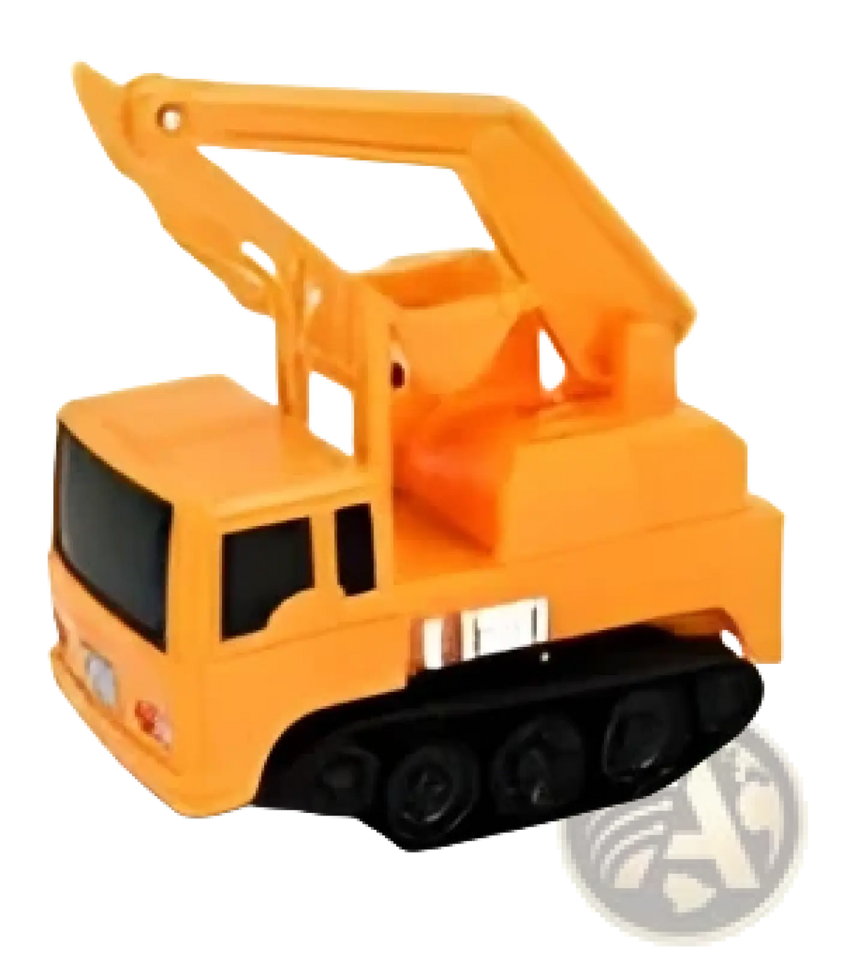 Orange plastic inductive magic pen toy crane truck with black tracks and yellow boom for car following play