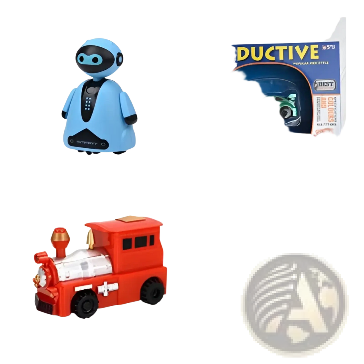 Blue plastic robot toy with black accents and digital display panel for inductive magic pen toy truck following car
