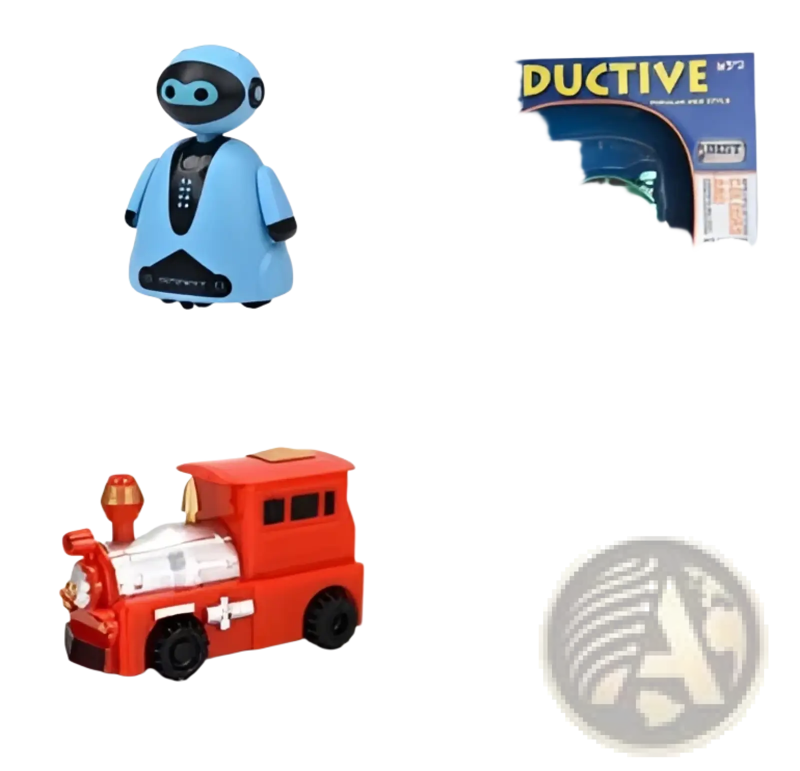 Blue plastic robot toy truck with black eyes silver accents labeled 6style from inductive magic pen toy car series