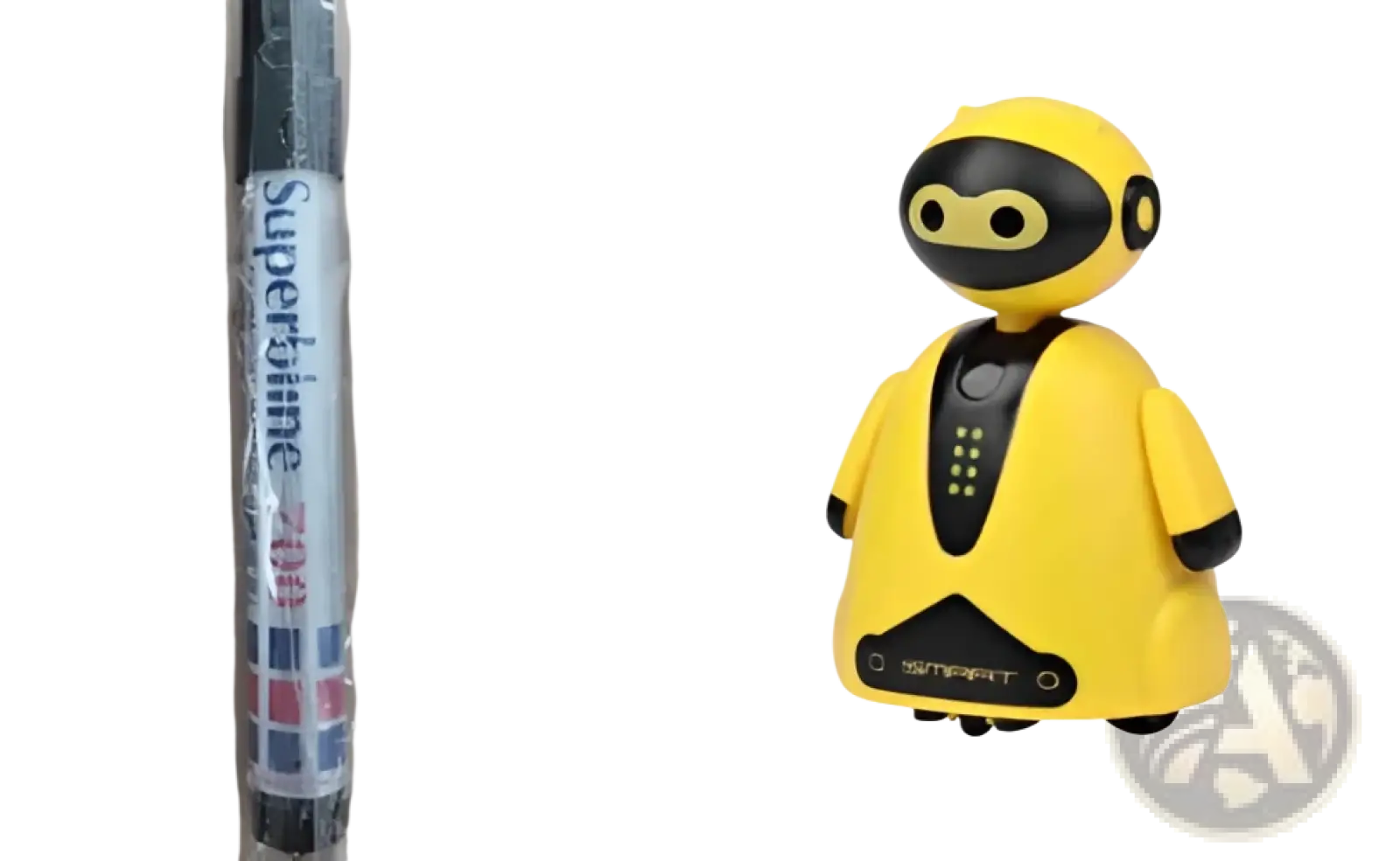 Yellow and black glossy inductive magic pen toy truck following car with circular eyes and button panel on chest