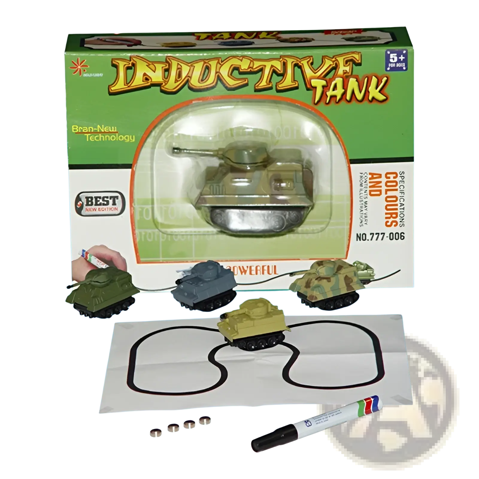 Green and silver metallic toy tank packaged in an inductive tank box from the inductive magic pen toy truck following car set