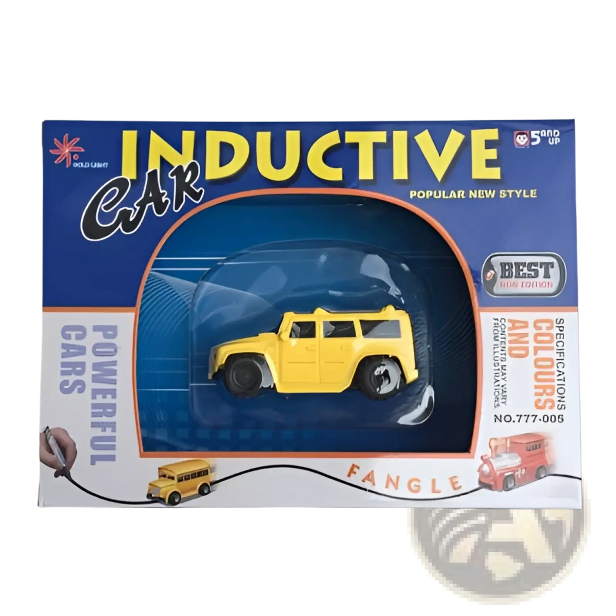 Yellow plastic inductive magic pen toy truck car in blue and white packaging box for following car play