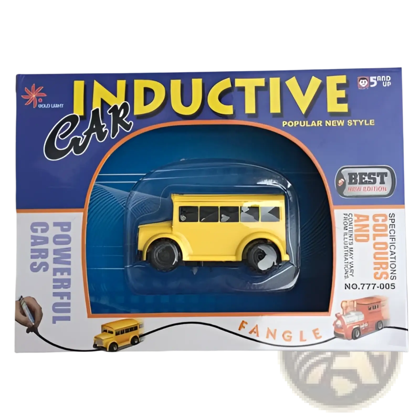 Yellow plastic school bus toy in clear packaging featured as inductive magic pen toy truck following car