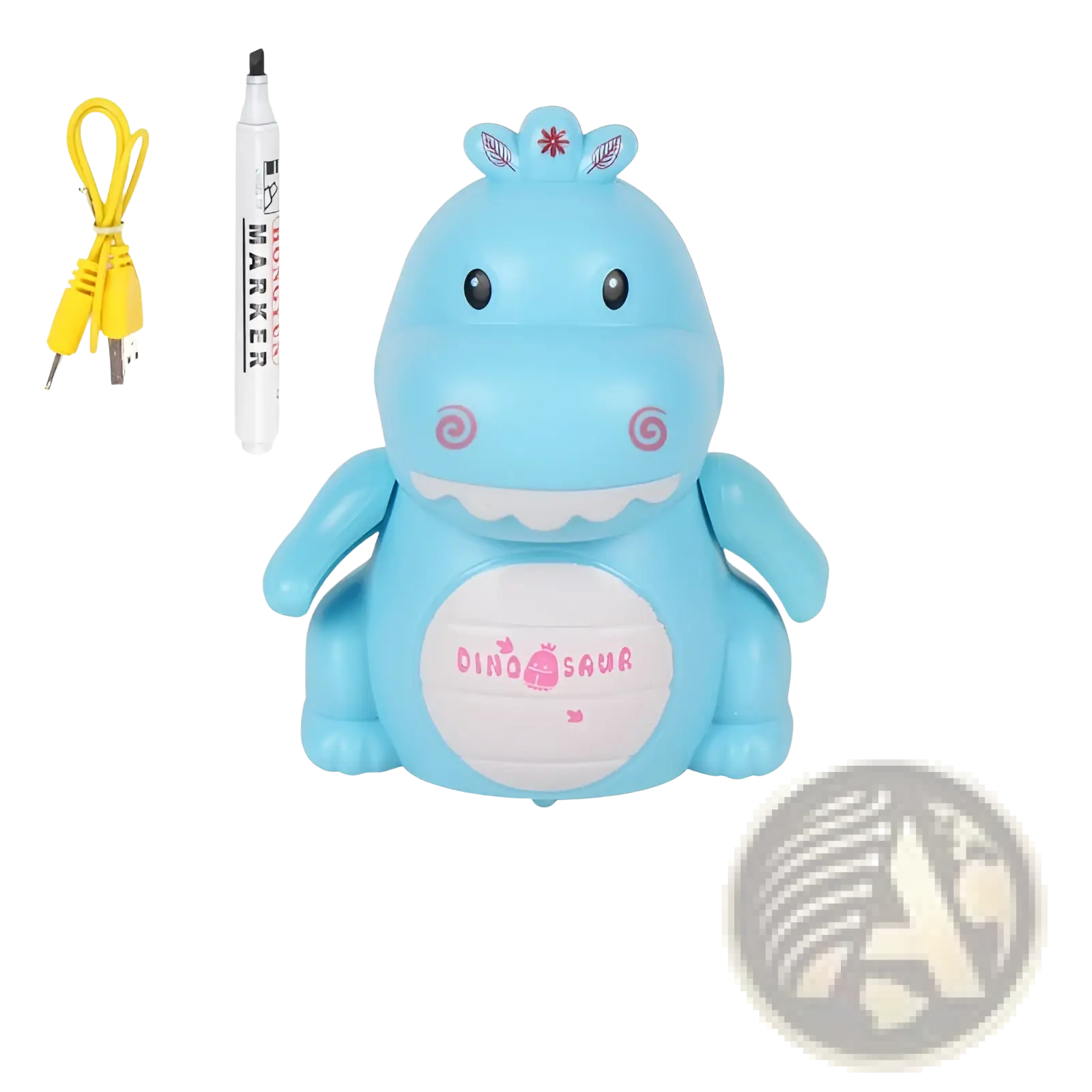 Light blue plastic dinosaur-shaped drawing tablet featuring pink dinosaur text and decorative swirls for creative play