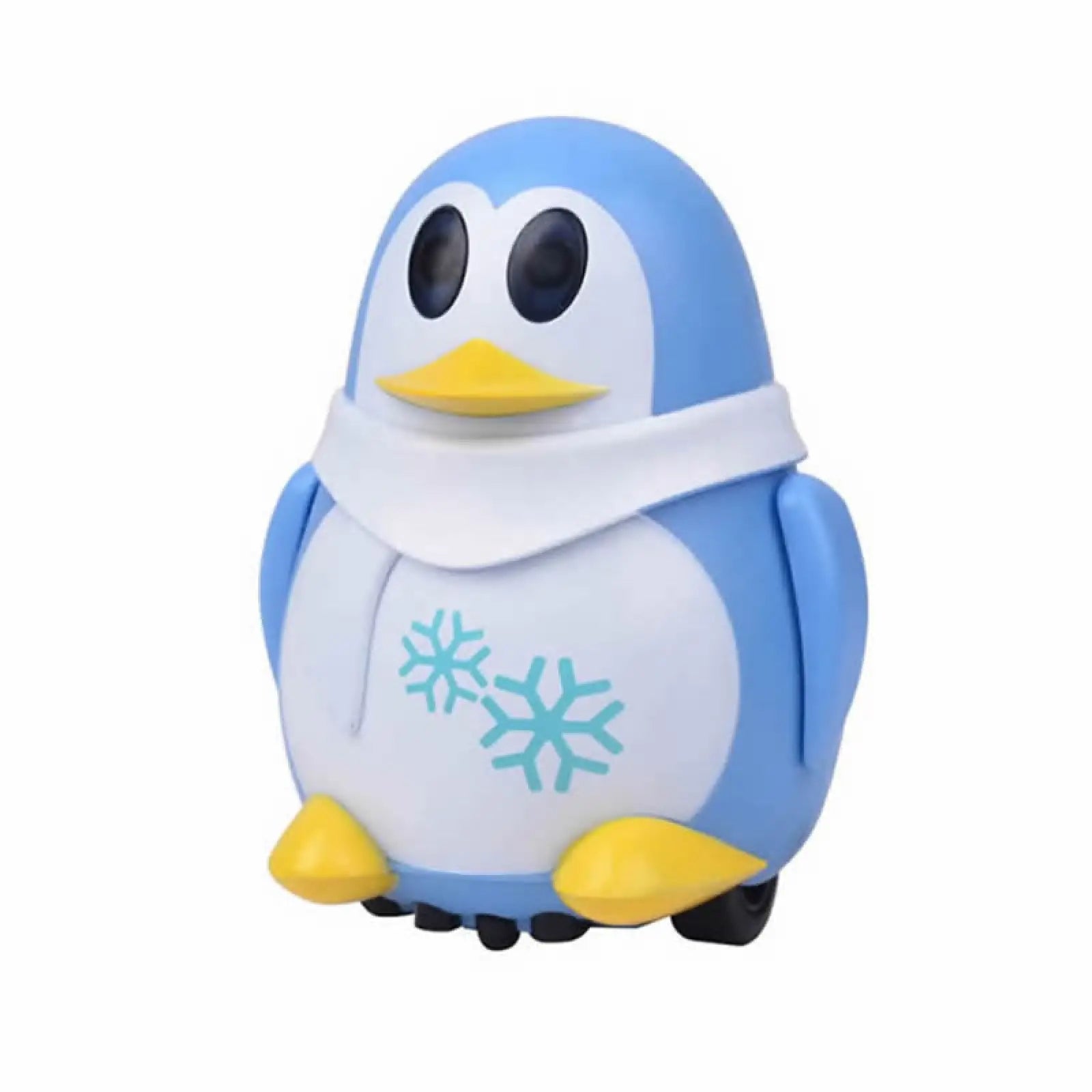 Blue and white inductive robot penguin toy with yellow beak feet and scarf featuring snowflake designs on belly