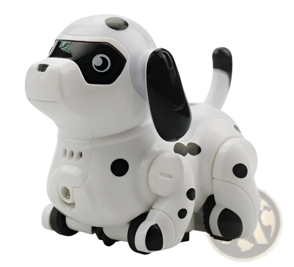 White and black robotic dalmatian toy with glossy plastic finish and digital eyes designed as an inductive robot penguin toy following black lines
