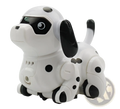 White and black robotic dalmatian toy with glossy plastic finish and digital eyes designed as an inductive robot penguin toy following black lines