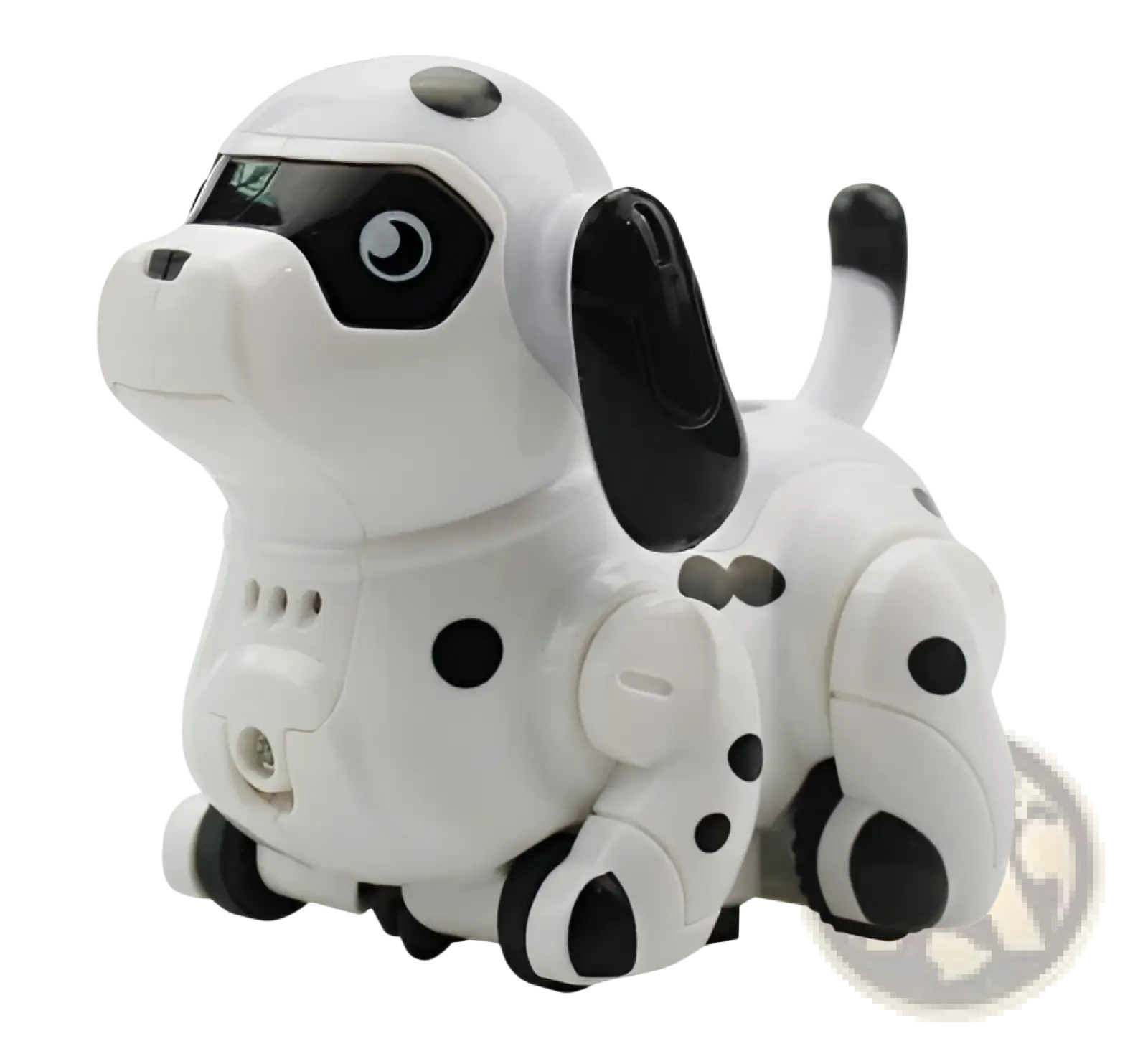 White and black robotic dalmatian toy with glossy plastic finish and digital eyes designed as an inductive robot penguin toy following black lines