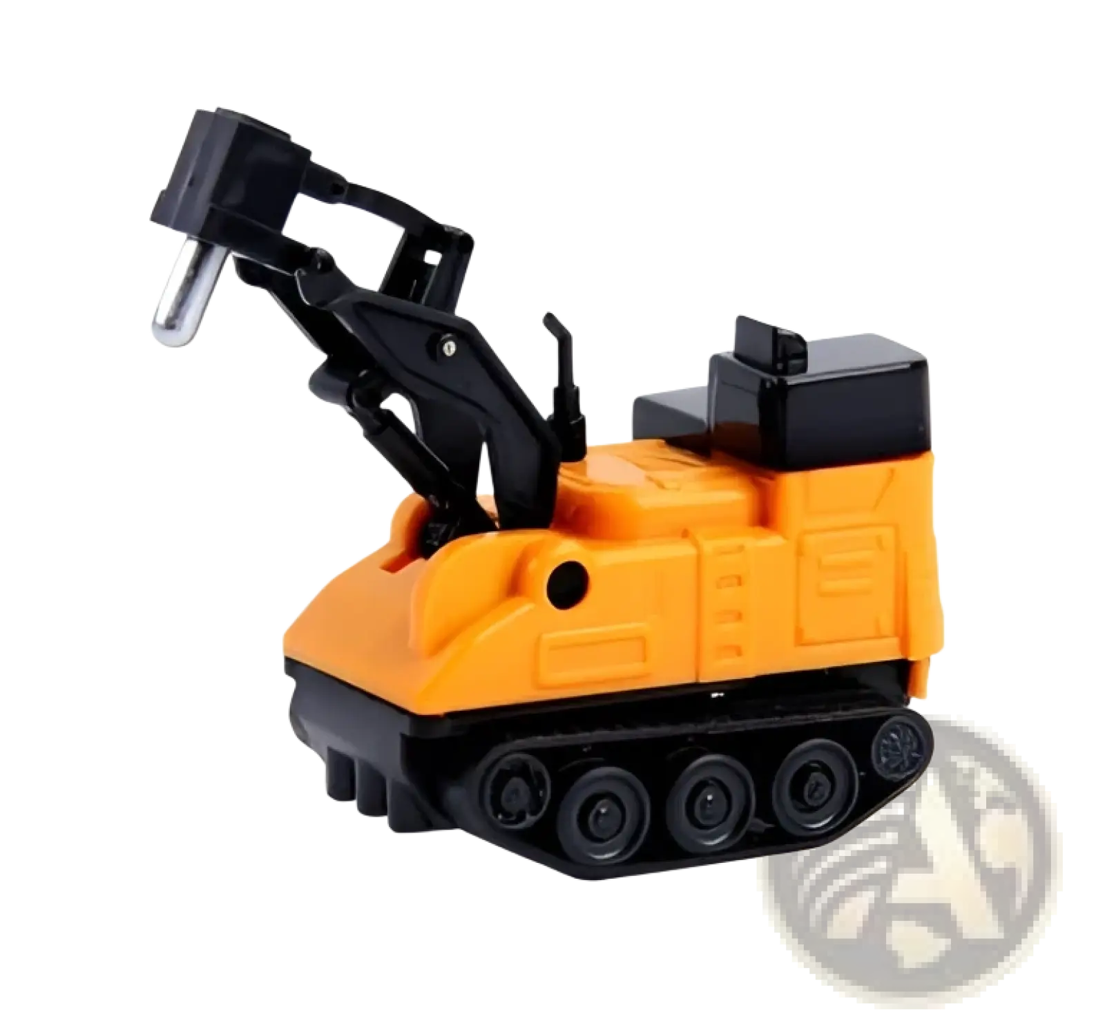 Orange and black toy excavator with articulated arm and tracked base from inductive robot penguin toy following black lines