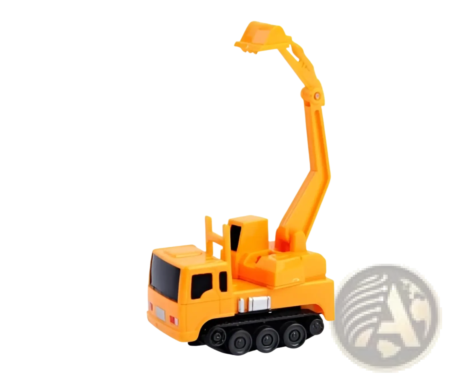 Bright orange plastic toy excavator with black rubber tracks featured in inductive robot penguin toy following black lines