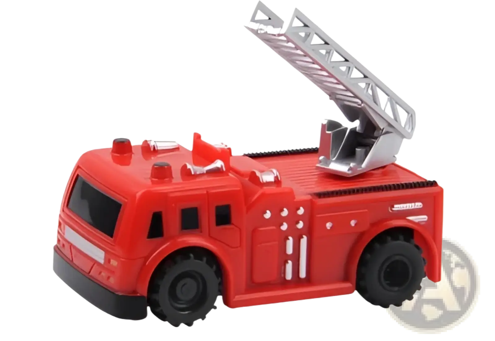 Red plastic fire truck toy with silver metal ladder extended featured in inductive robot penguin toy following black lines product