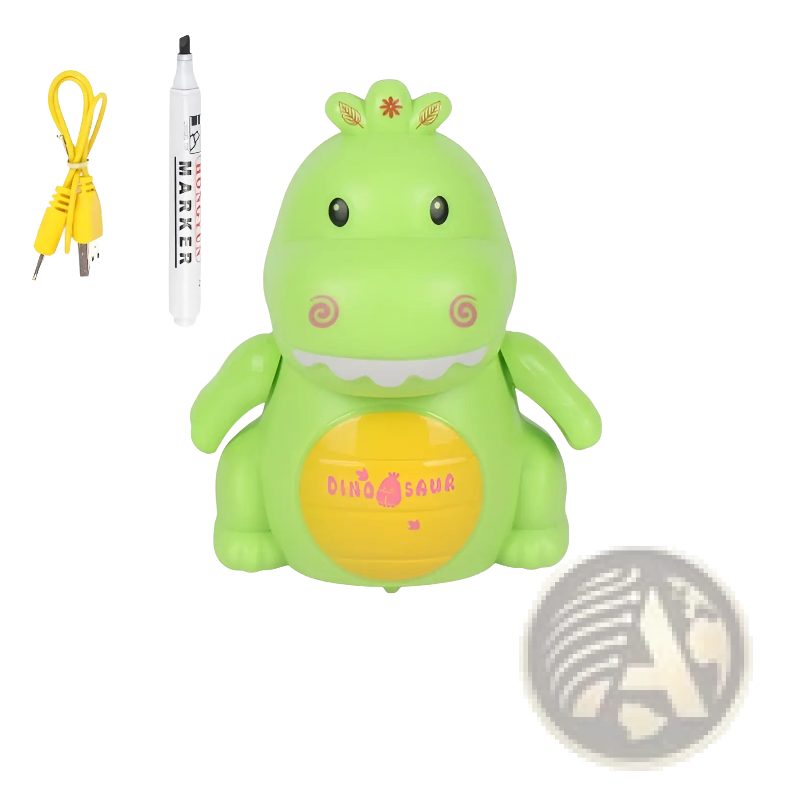 Green dinosaur shaped electronic drawing tablet with yellow belly and pink text shown with white marker and yellow usb cable