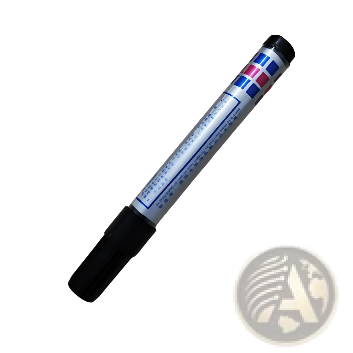 A black-capped marker with a silver barrel and blue pink square patterns used with an inductive robot penguin toy following black lines