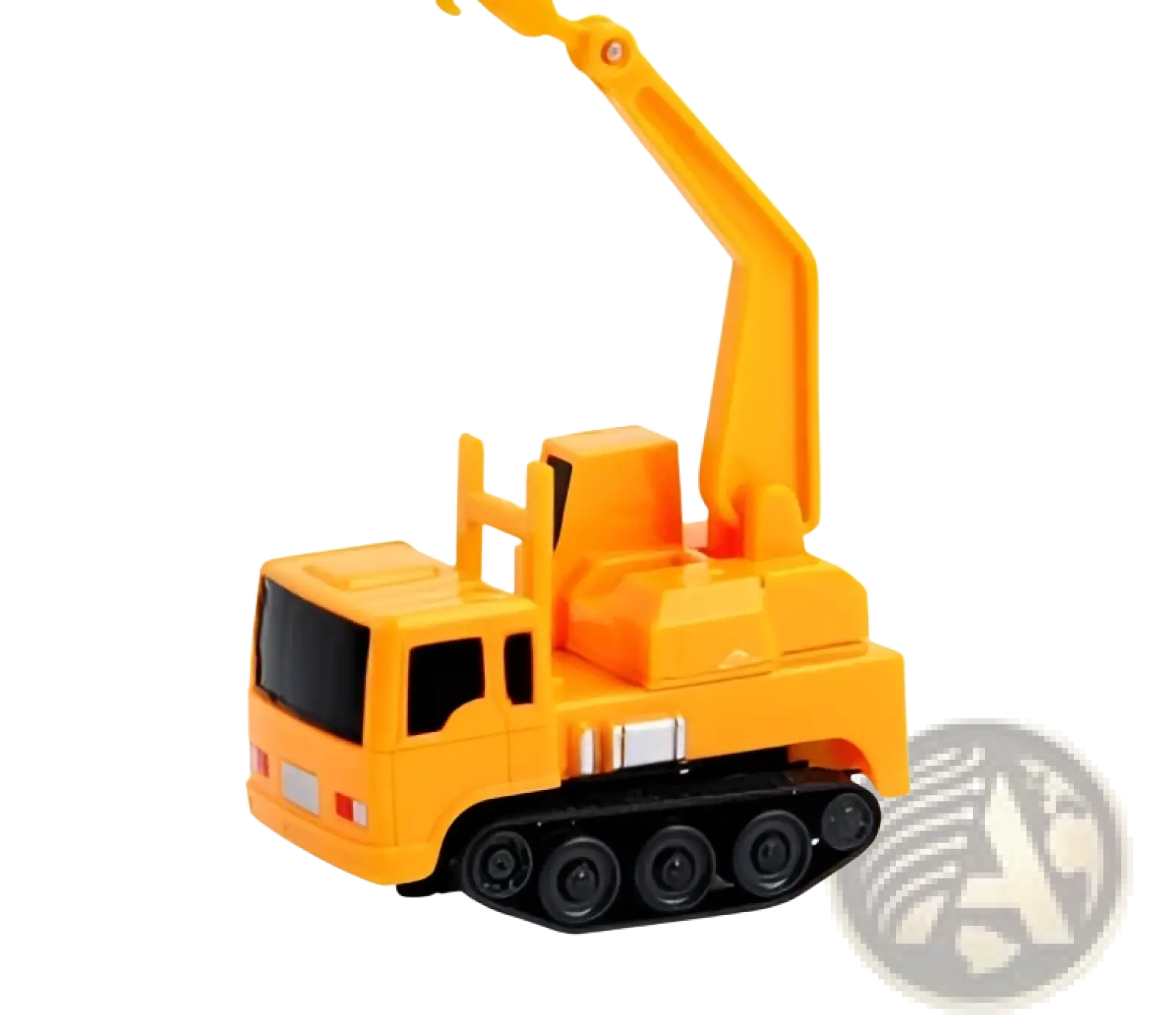 Bright yellow plastic toy crane with black tracks and articulated boom in inductive robot penguin toy following black lines