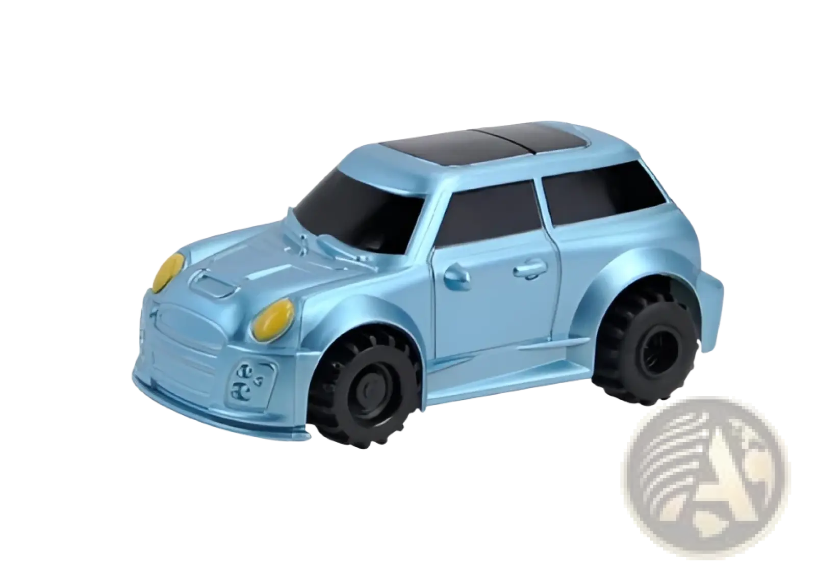 Light blue metallic inductive robot penguin toy car with black tires and yellow headlights following black lines