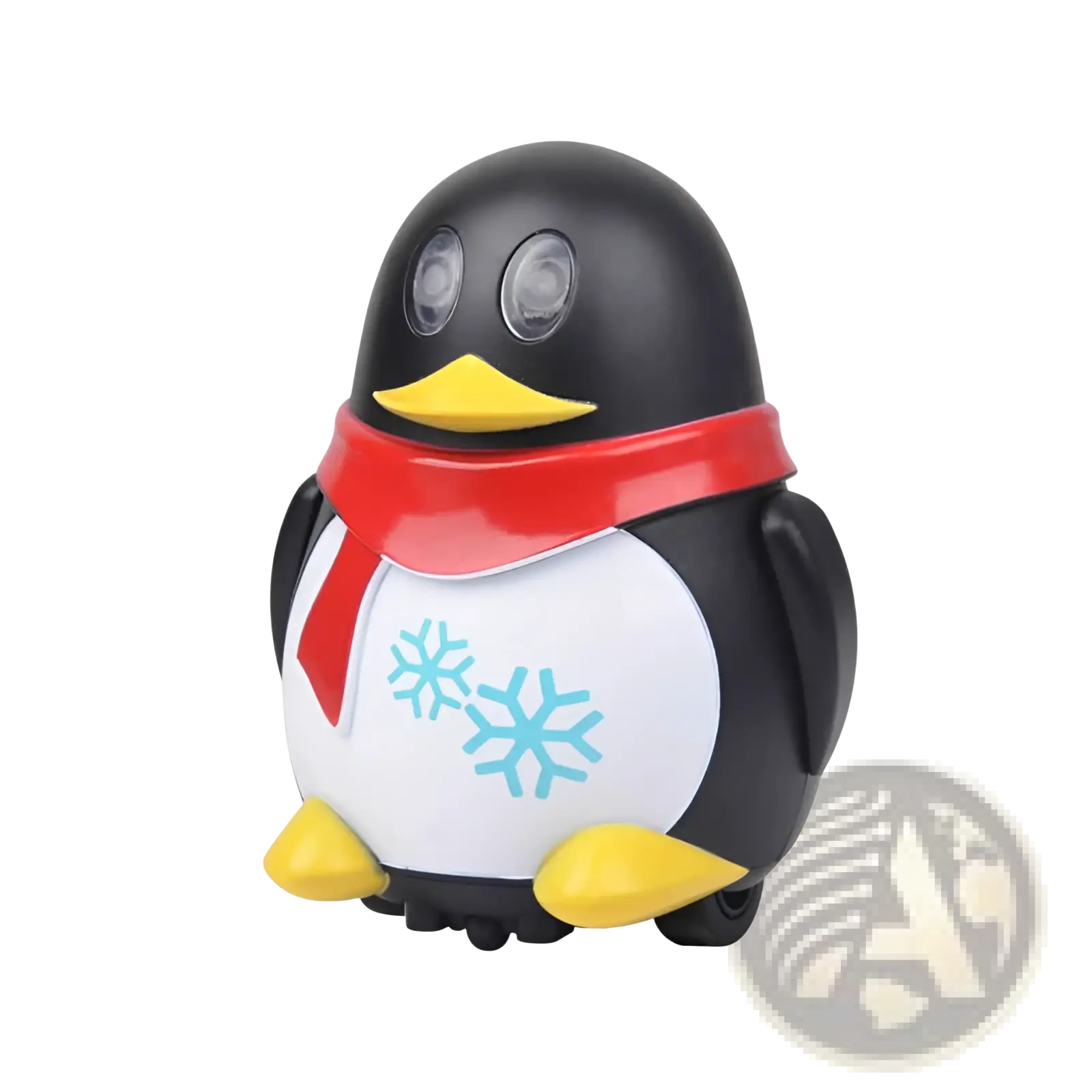 Black and white penguin-shaped flashlight with yellow beak feet and red scarf featuring light blue snowflakes for inductive robot toy