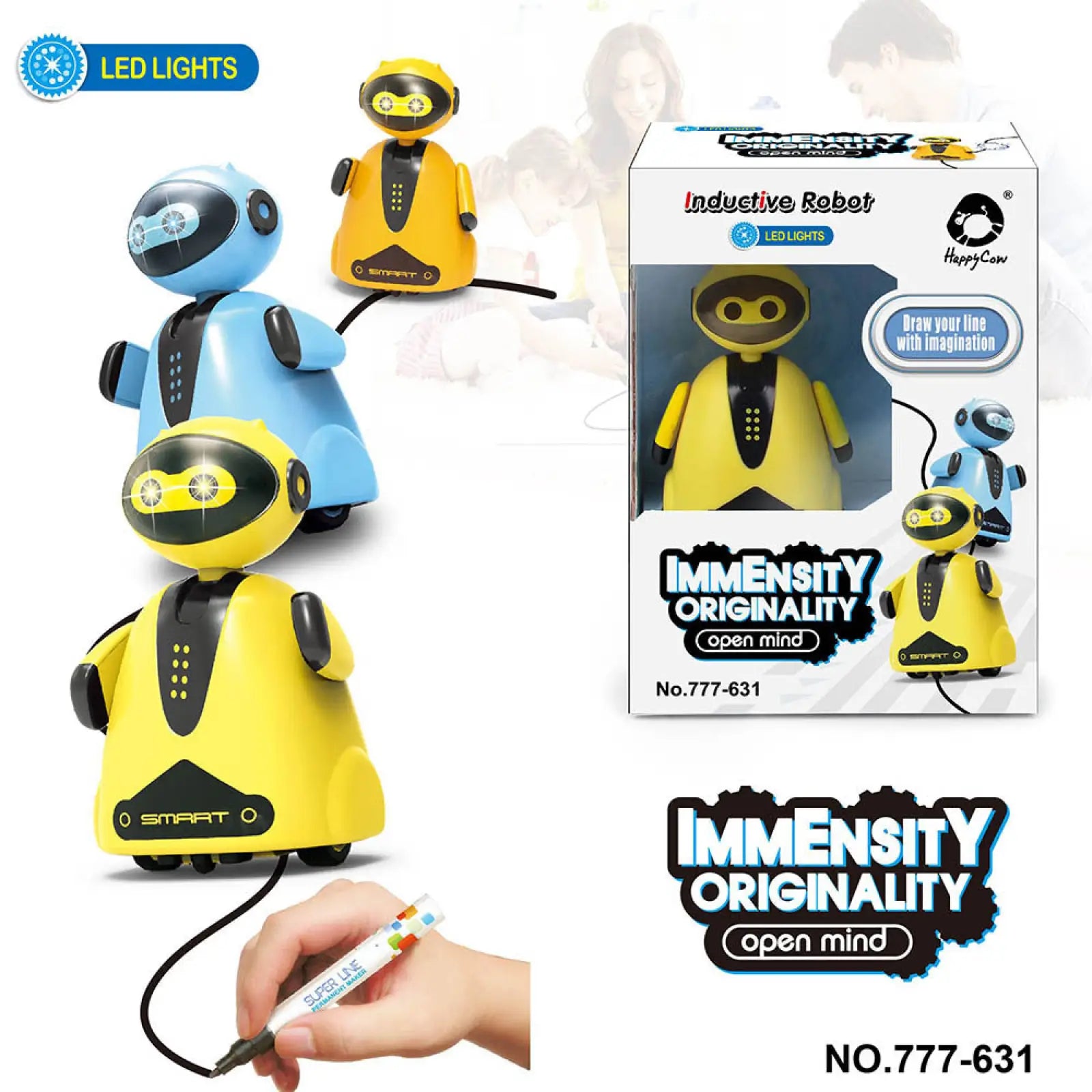 Yellow and black inductive robot penguin toy with led lights and a sleek plastic body for interactive line-drawing play