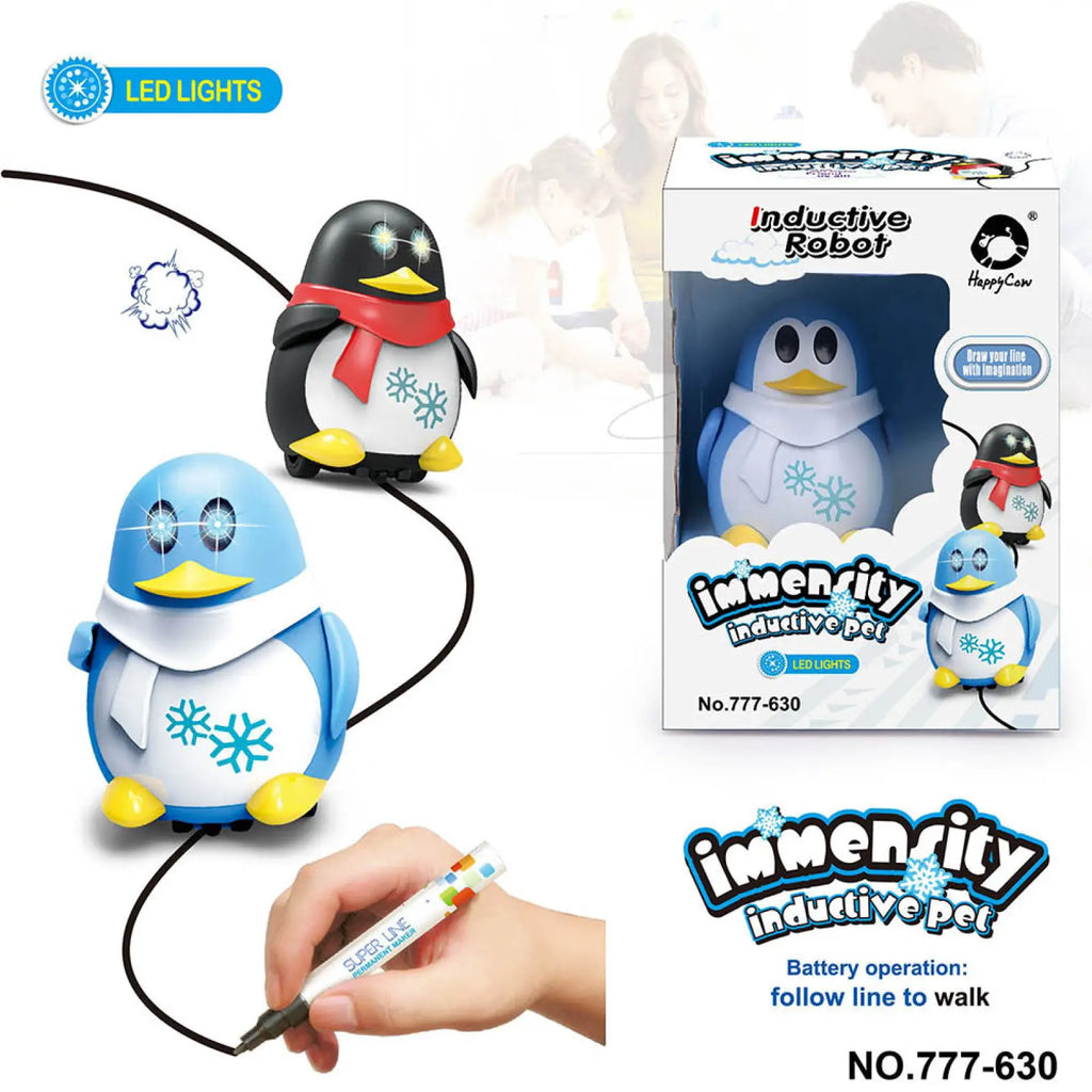 Black and white penguin-shaped inductive robot toy with red scarf blue led eyes yellow feet and snowflake designs following black lines