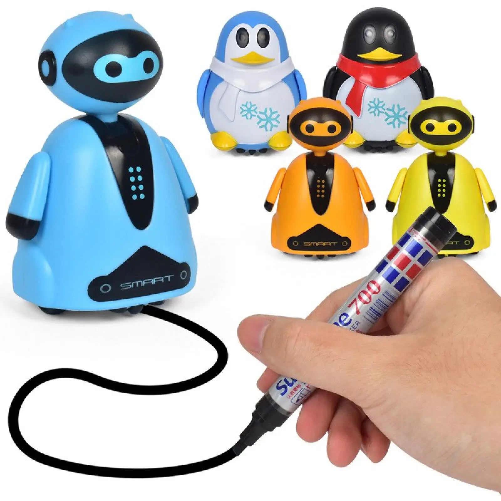 Blue inductive robot penguin toy with black accents and smart label on chest designed to follow black lines