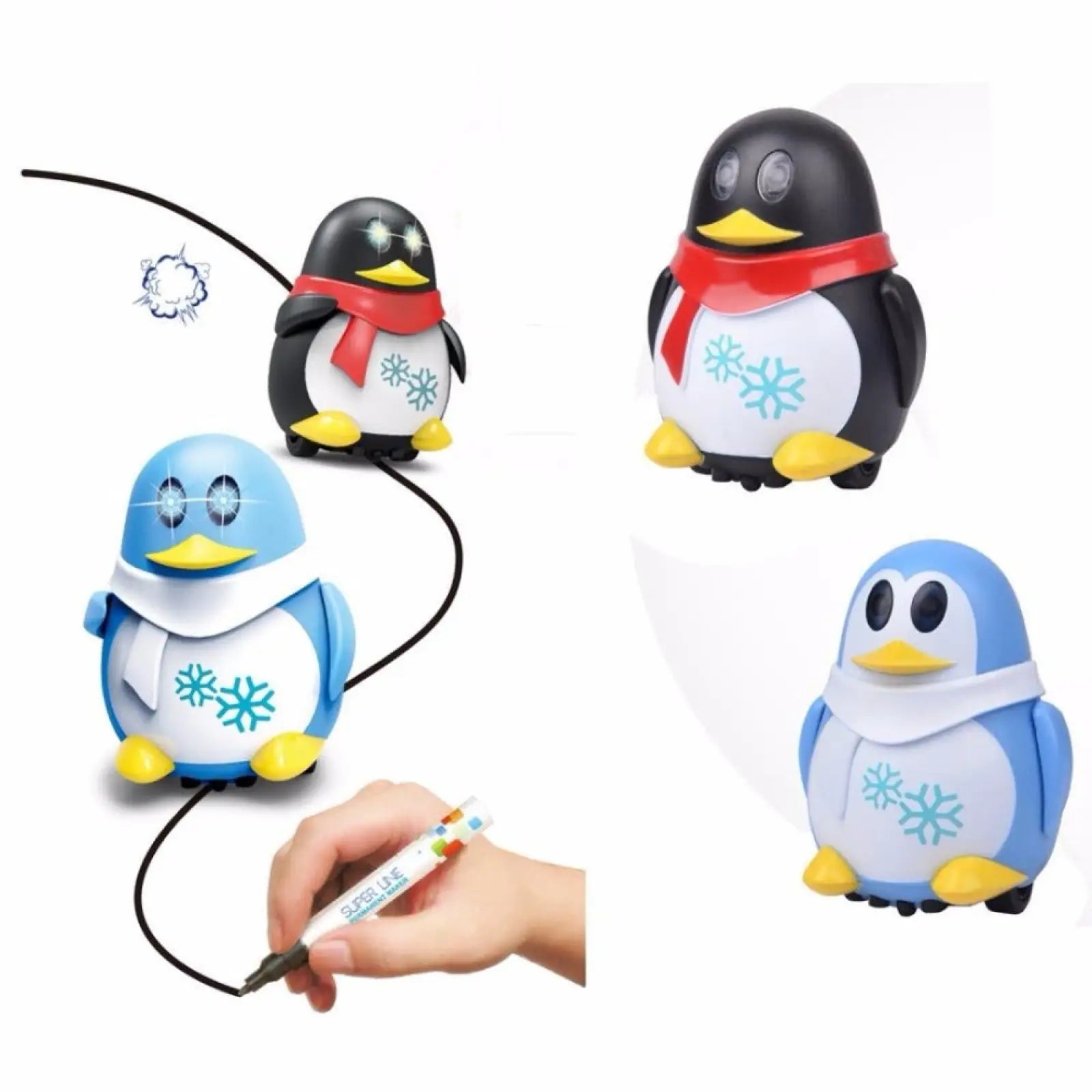 Inductive robot penguin toy featuring black and white and blue and white penguin-shaped robots with snowflake designs and scarves
