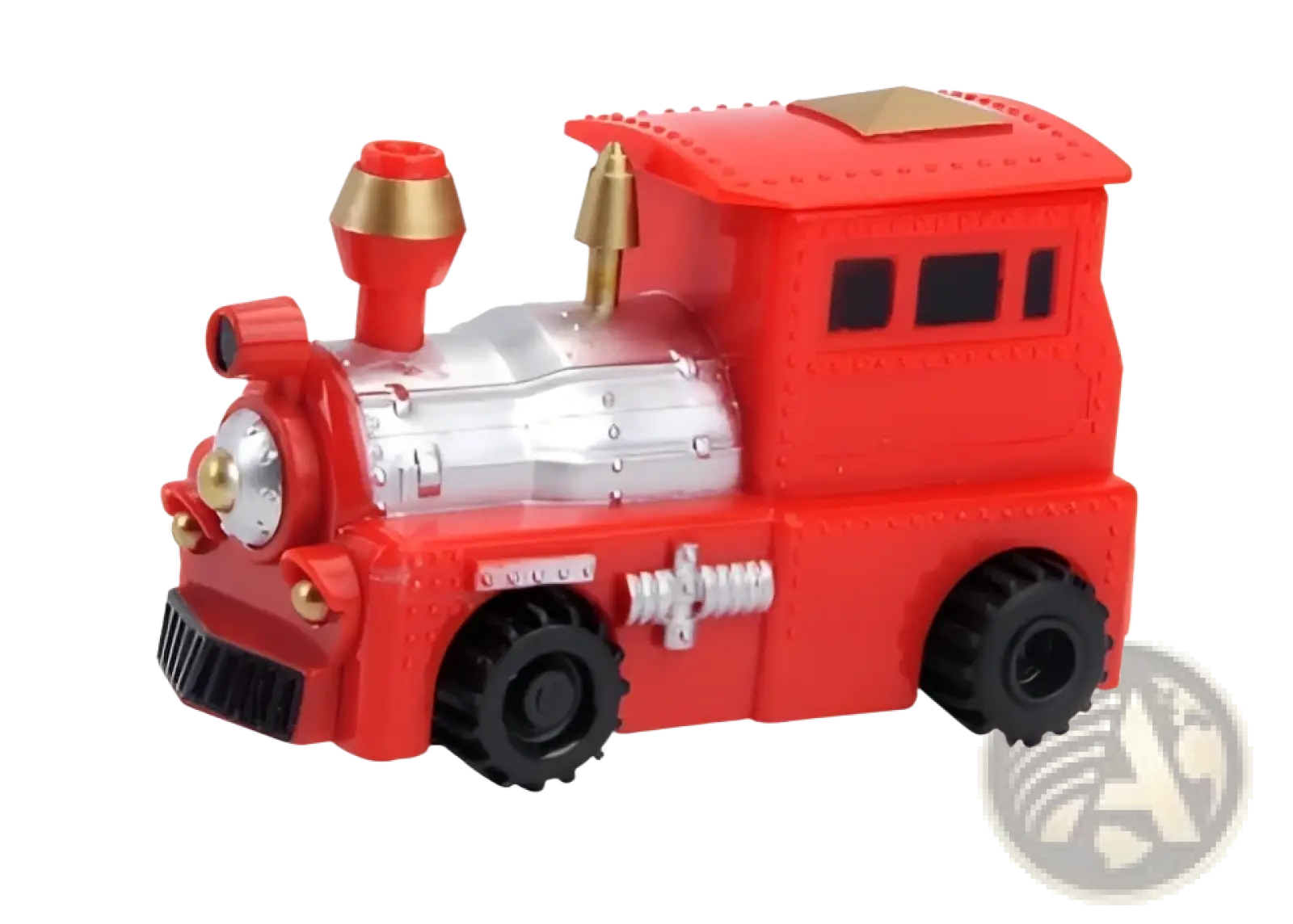 Red plastic inductive robot penguin toy train with silver metallic accents and black wheels following black lines