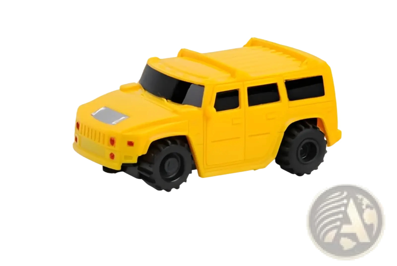 Bright yellow plastic inductive robot penguin toy suv with black tires and windows following black lines