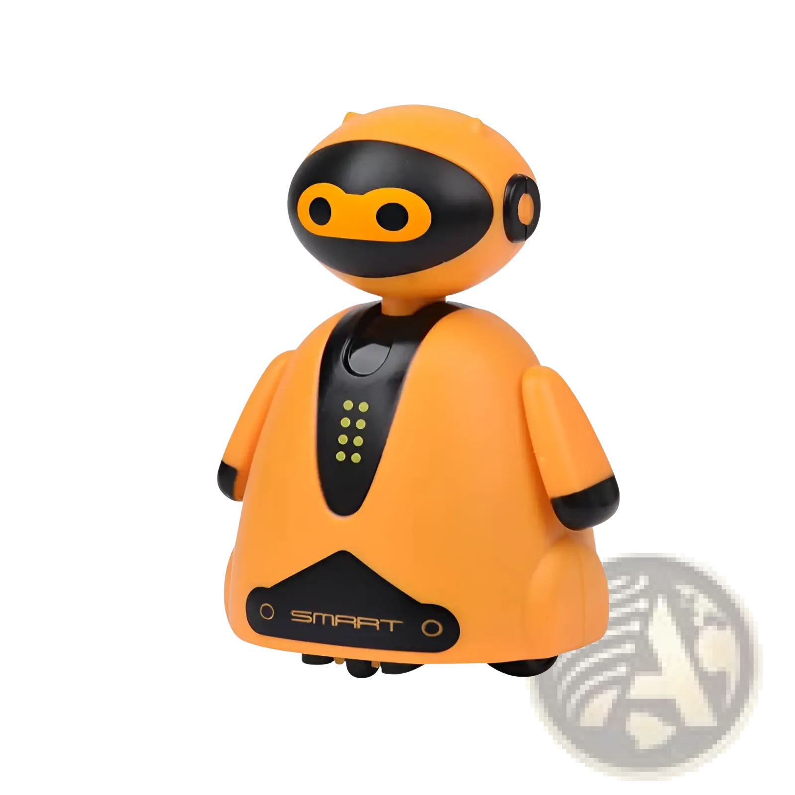 Orange and black inductive robot penguin toy with glowing green chest lights and smart branding following black lines