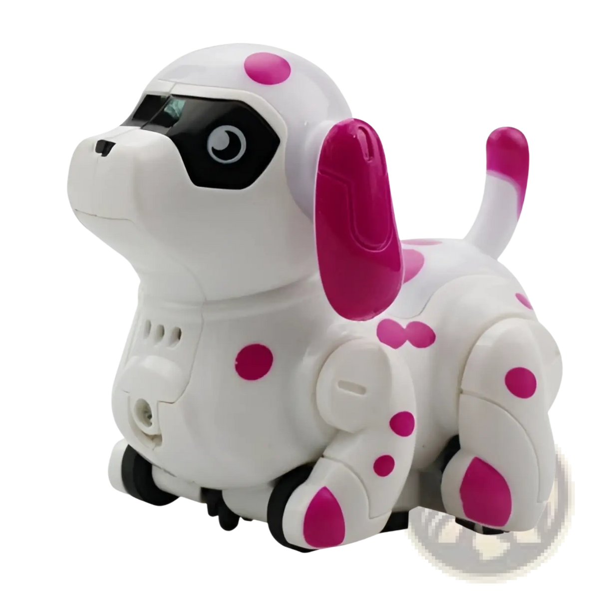 A white and pink robotic dog toy with black eyes and articulated limbs designed to follow black lines inductively