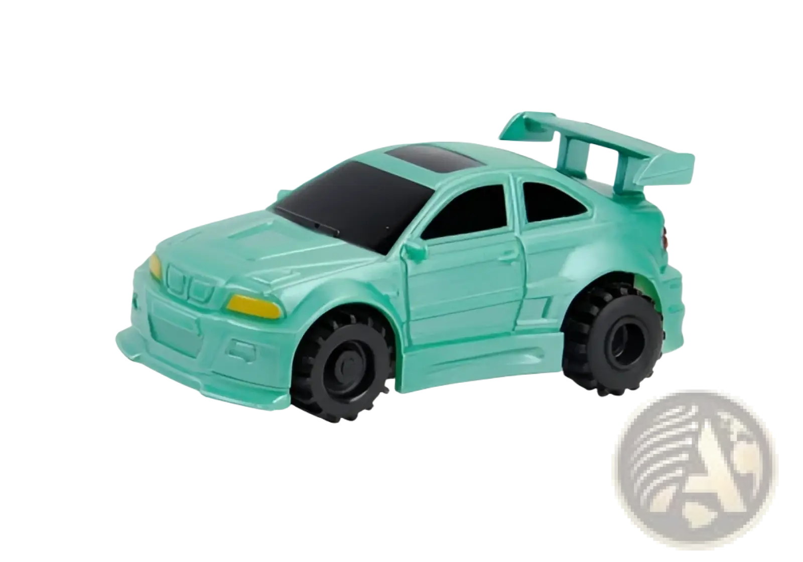 Teal plastic inductive robot penguin toy car with black tires and rear spoiler designed to follow black lines