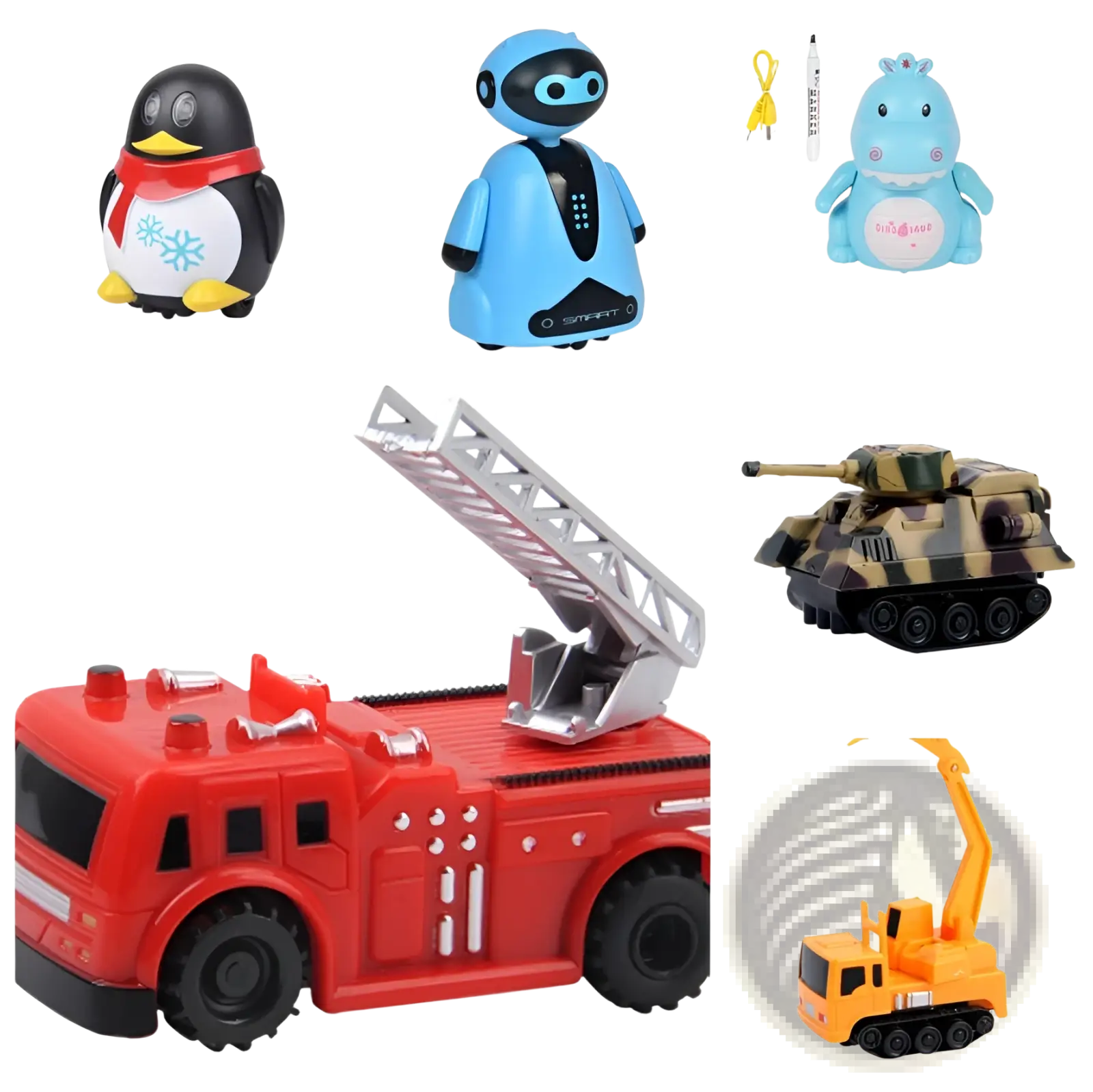 Red plastic fire truck toy with silver ladder and black wheels for inductive robot penguin line following use