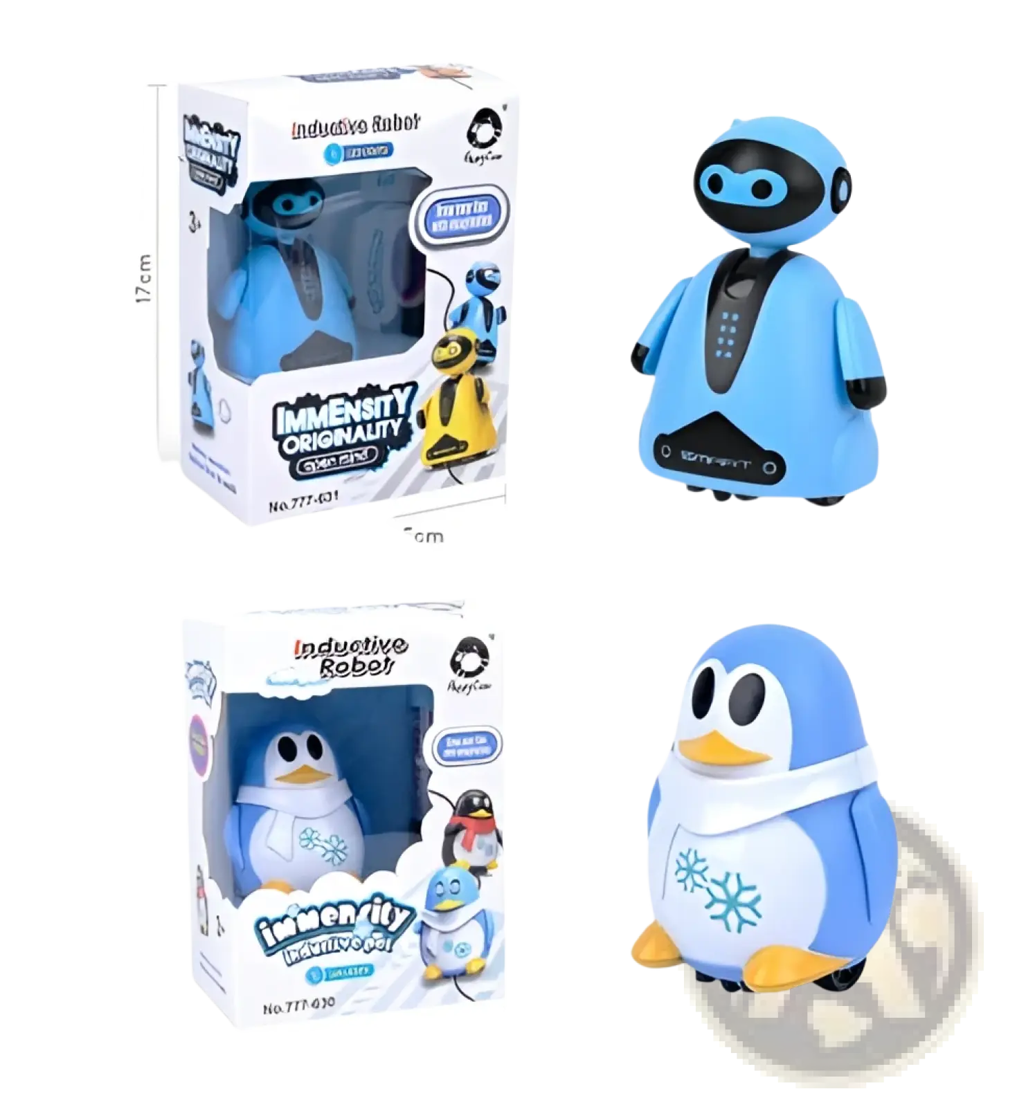 Blue inductive robot penguin toy with white snowflake design and yellow feet following black lines on surface