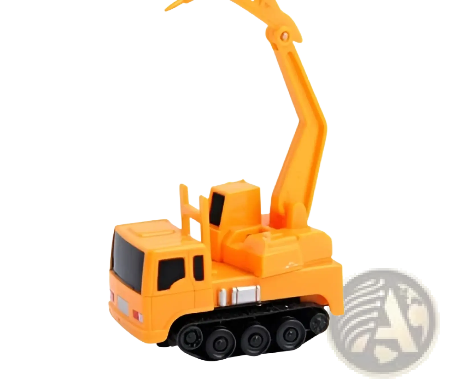 Orange plastic toy excavator with long articulated arm and black rubber tracks from inductive robot penguin toy set