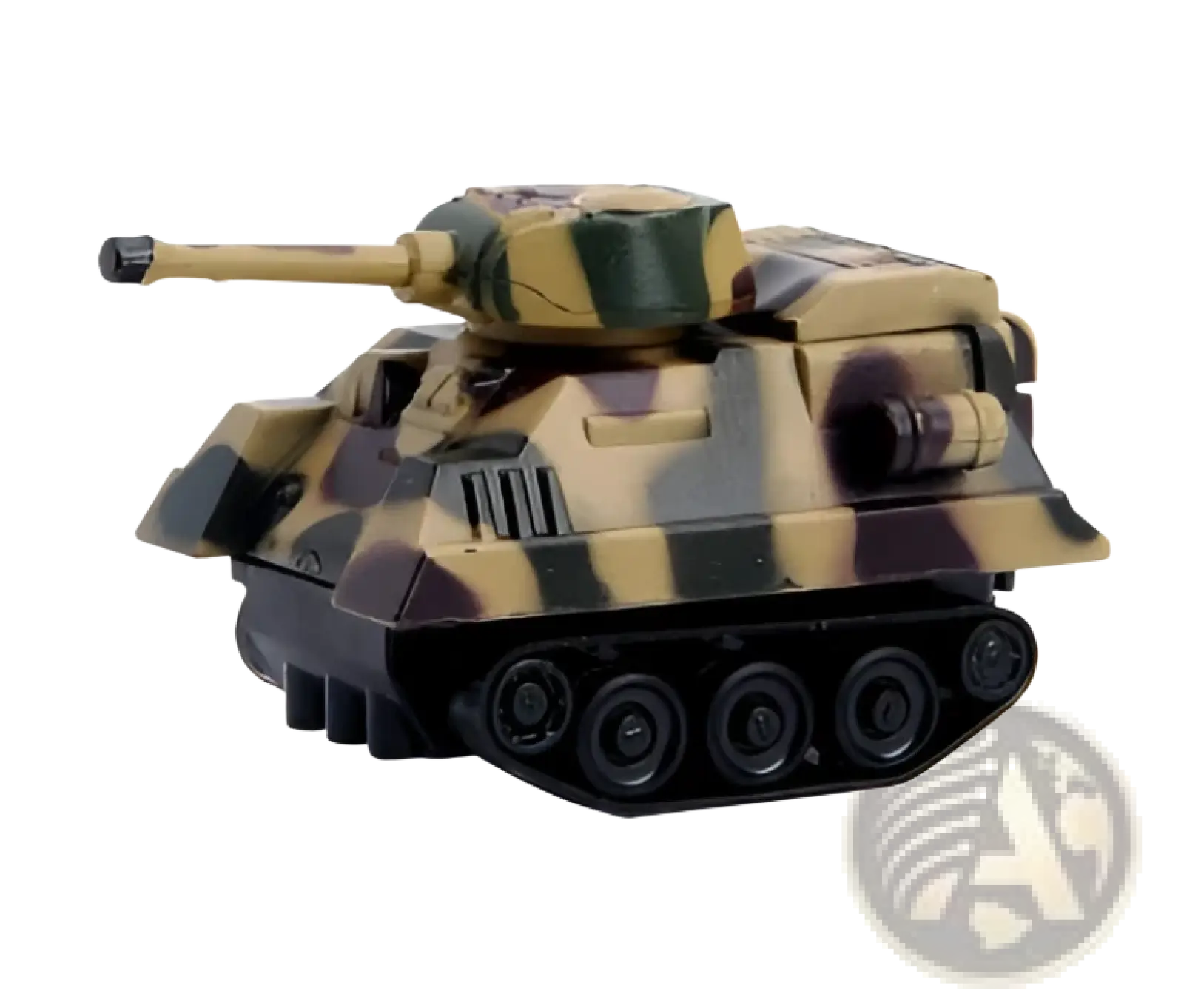 Camouflage-patterned inductive robot penguin toy tank in tan green and black plastic designed to follow black lines