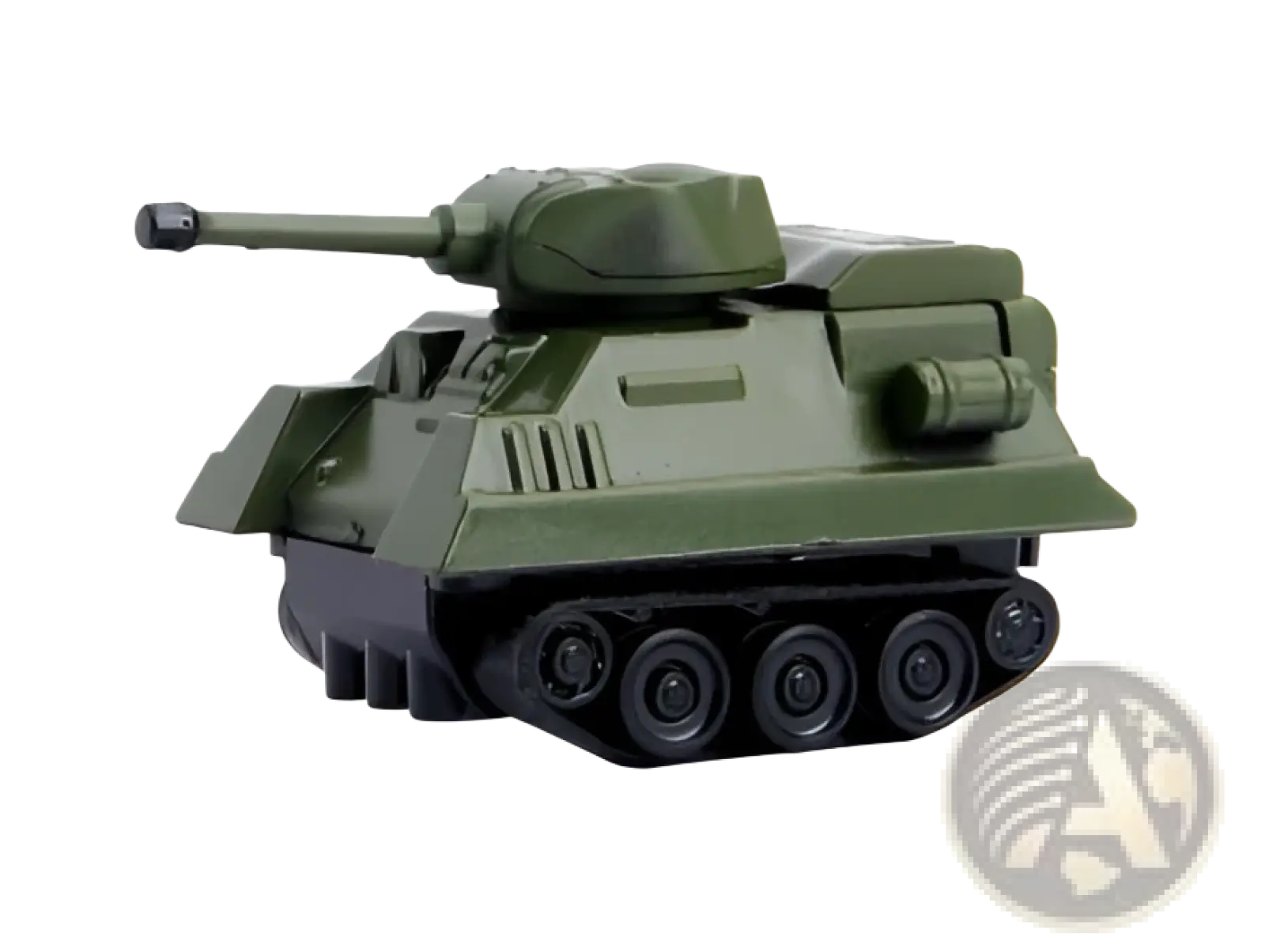 Green plastic toy tank with black tracks and detailed turret for inductive robot penguin toy following black lines