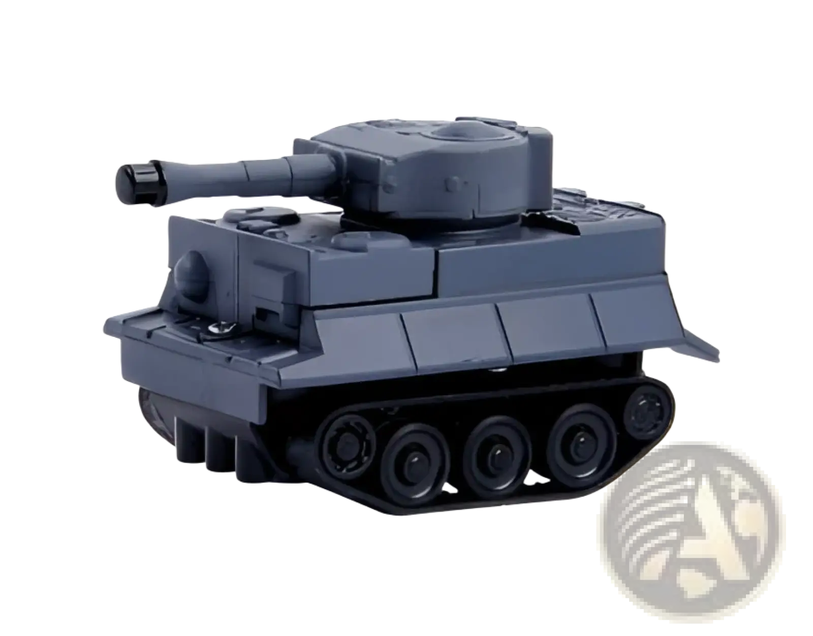 Dark gray plastic tiger tank model shown as a back side in inductive robot penguin toy following black lines product
