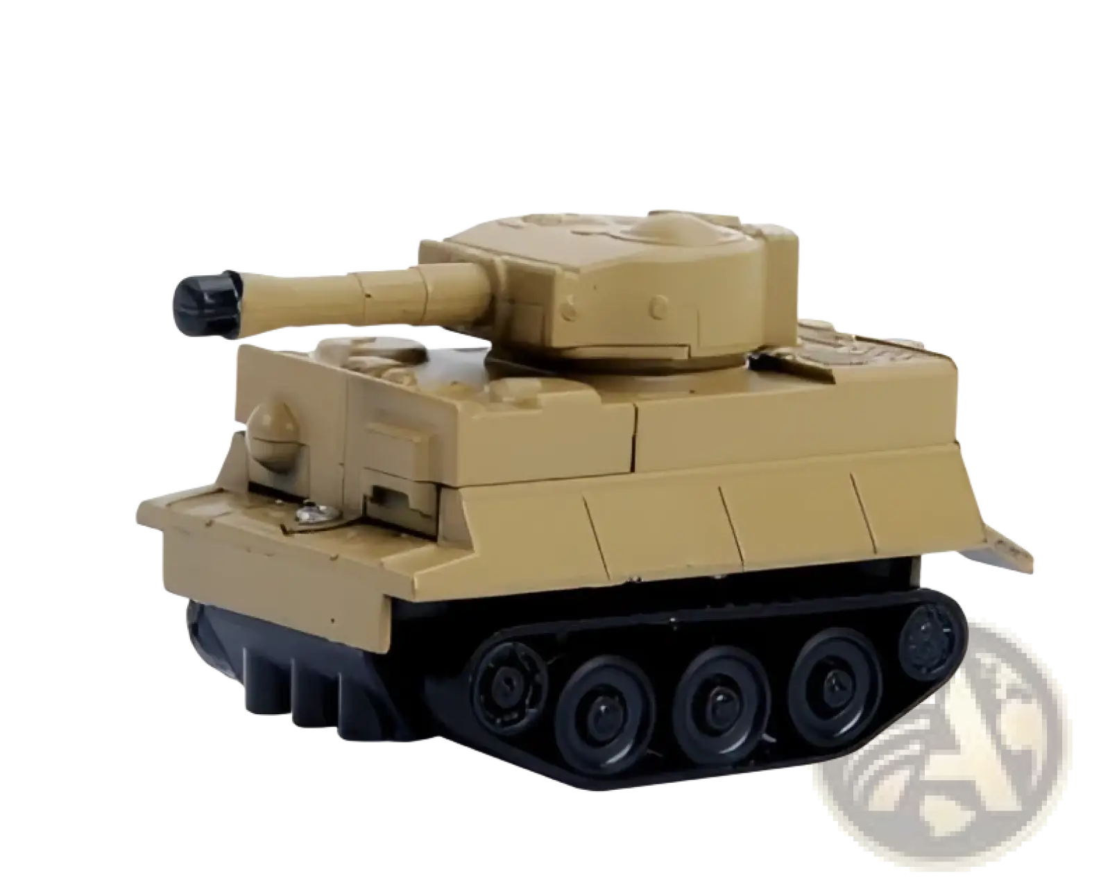 Tan plastic inductive robot penguin toy tank with black tracks and turret details designed following black lines